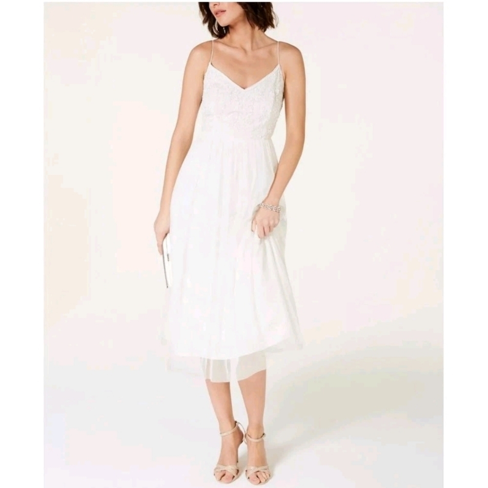 Adrianna Papell Bead Tulle Tea Length Ivory White Long Dress Women's Size 6